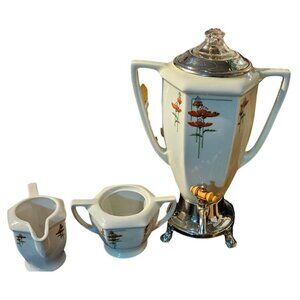 Vintage Coffee Peculator Royal Rochester Hand-Painted Creamer & Sugar READ
